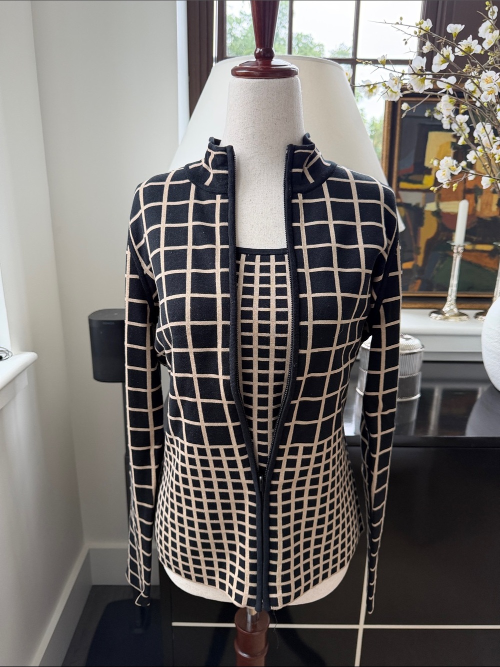 Carlisle Black and Cream Grid Zip Cardigan